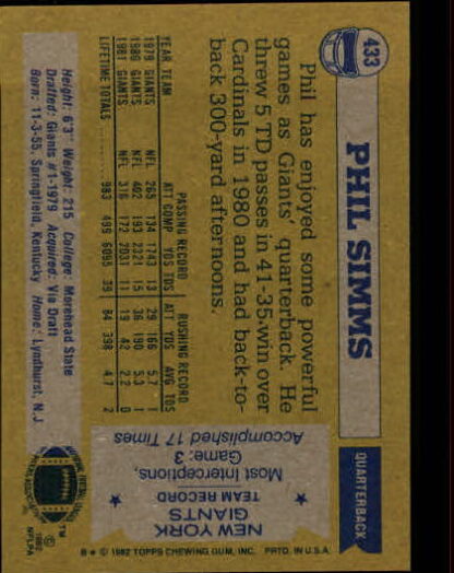 1982 Topps #433 Phil Simms - Image 2