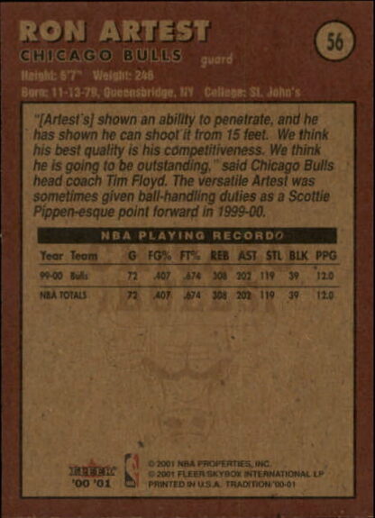 2000-01 Fleer #56 Ron Artest - Image 2